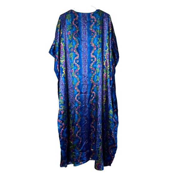 Winlar Blue Floral Satin Kaftan Dress One Size – Boho Lounge Caftan - Picture 2 of 7